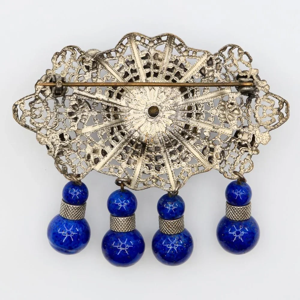 Vintage Dark Blue Sparkly Art‎ Glass Filigree Czech Brooch Beaded Dangles 1930s